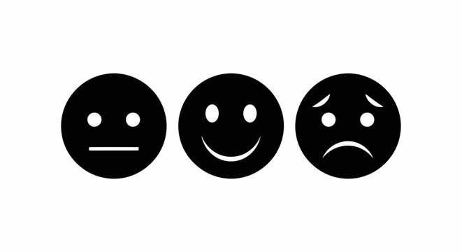 Three black circular emoji icons representing neutral happy and sad facial expressions in a row.