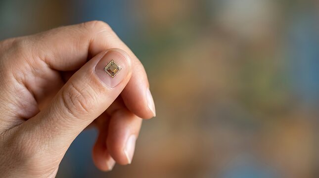 Tiny electronic microchip on a human thumbnail showing scale