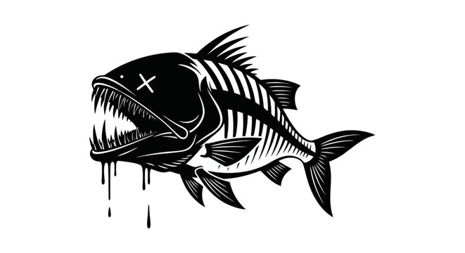 Black and white piranha fish skeleton illustration with sharp teeth and dripping ink.