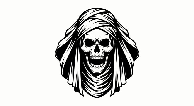 Grim Reaper Skull Wearing Hooded Cloak Black and White Vector Illustration.