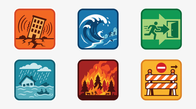 Set of colorful emergency disaster icons illustrating earthquake tsunami evacuation flood wildfire and road barrier safety warning sign symbols