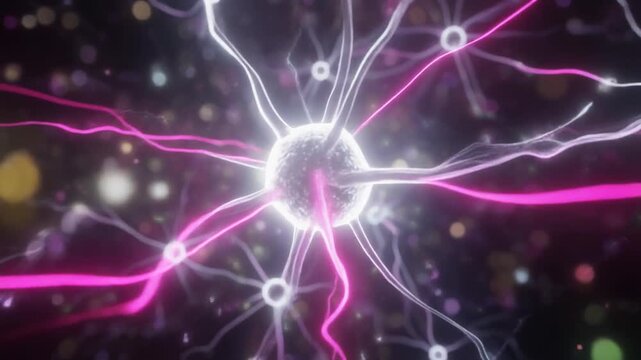 白とネオンピンクのデータストリームが爆発するニューラルネットワークノード
