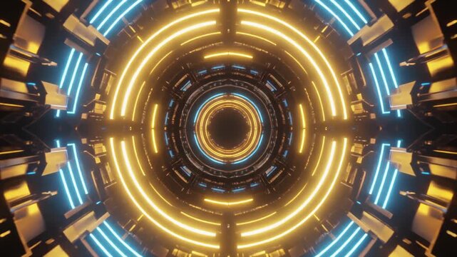 金色とエレクトリックブルーの光の輪を放つ量子コンピューターのコア