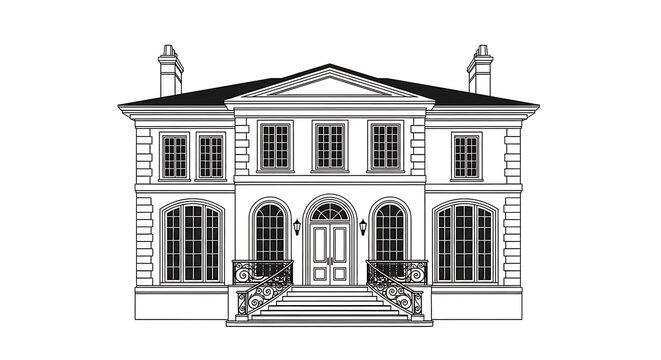 Neoclassical luxury mansion facade architectural drawing illustration with grand entrance stairs and symmetrical window design