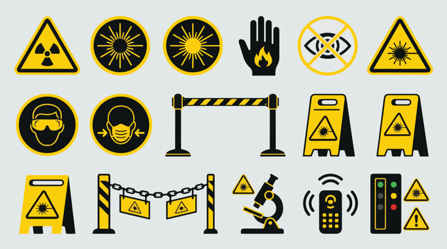 Various industrial laser safety warning signs and hazard alert symbols displayed as a collection of bright yellow and black icons