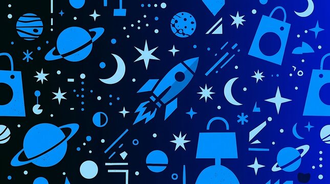 Blue flat design space pattern with rocket and shopping icons