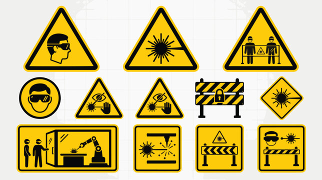 Yellow triangular and square hazard warning signs featuring laser equipment safety symbols and industrial protective eyewear icons for factory environments