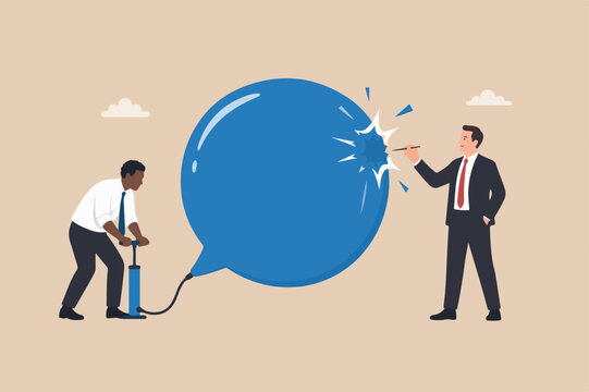 Inequality and injustice or racist and unequal for people of color or black people concept, African American black working man inflating message bubble but white man using needle to pop burst it