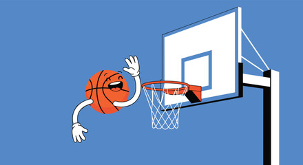 Animated basketball character with arms and a face performs a slam dunk into a hoop against a solid blue background. © MD