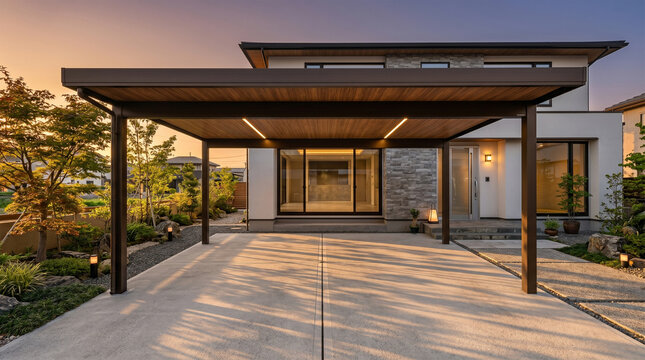 Luxury modern carport with wood grain ceiling and integrated LED line lighting at nightfall