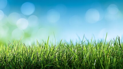 Fototapeta premium Beautiful Green Grass and Blue Sky Nature Background with Peaceful Outdoor Scenery.