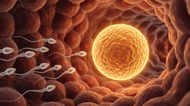 Multiple microscopic sperm cells swimming toward a large glowing human egg cell in the body