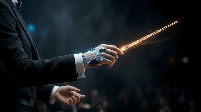 Hands of a conductor directing with a brightly glowing baton