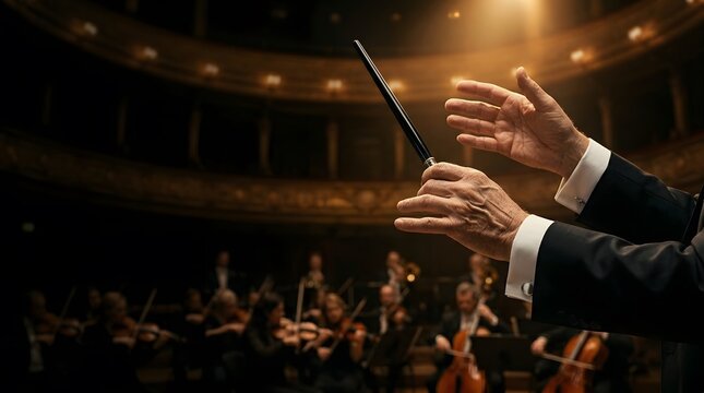 Conductor hands holding a glowing baton in a dark concert hall
