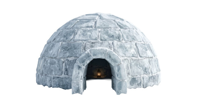 An isolated igloo made of ice blocks with a warm glow emanating from its entrance, set against a stark white background, evoking a sense of cold solitude and shelter.