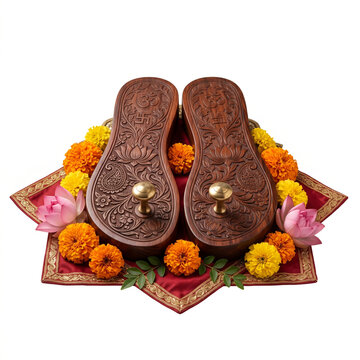 Decorated Guru Paduka with Lotus and Marigold Offerings for Guru Purnima Worship, Honoring Spiritual Teachers and Sacred Hindu Traditions