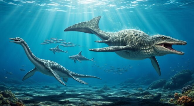 Two prehistoric marine reptiles swim underwater with fish. Ancient ocean scene from the Jurassic period. Dinosaur era life, paleontology concept.