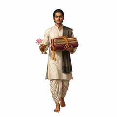 Fototapeta premium Devoted Disciple Carrying Sacred Manuscripts and Lotus Flower During Guru Purnima, Representing Learning, Responsibility and Spiritual Dedication