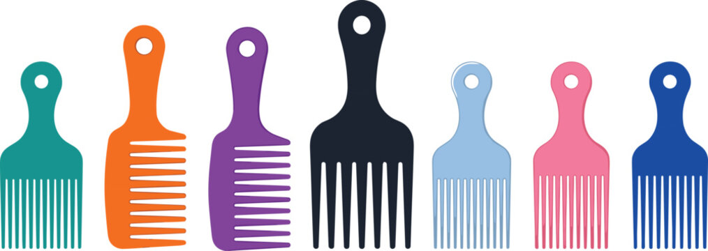 Vector hair comb icon set with colorful afro picks wide tooth combs and hair detangler brush silhouettes