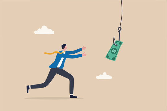 Fraud money, scam investment or ponzi scheme, financial crime, cheating or bait for illegal investing concept, businessman hands trying to catch fishing bait with dollar banknote money