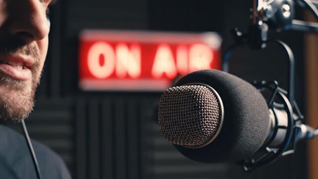 Hosting a podcast in a studio with a microphone and an on air sign
