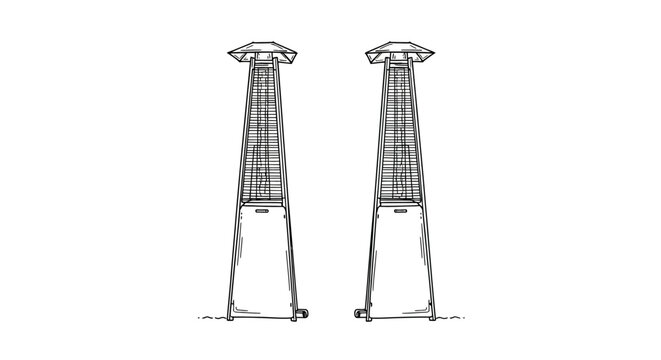 Two tall radio towers with triangular bases and antennas.