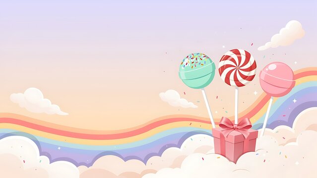 Colorful lollipops on a gift box in the clouds with rainbow and confetti  sweet treats and celebration background
