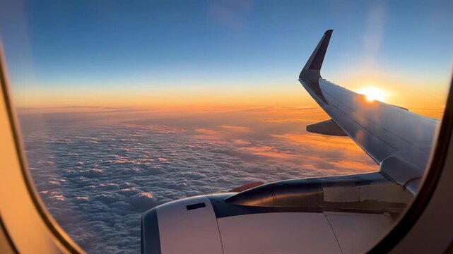 Sunrise view from airplane window over clouds during flight