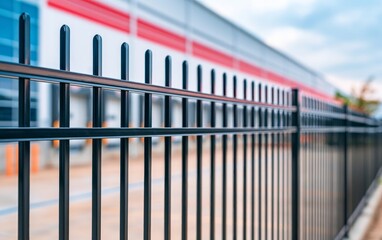 Fototapeta premium Secured Industrial Warehouse Exterior with Black Metal Fence and Modern Architecture