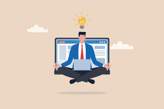 Business guru or expertise, professional advisor or consultant, smart thinking to solve problem concept, genius businessman sitting meditate working with Big Desk computer laptop floating in the air