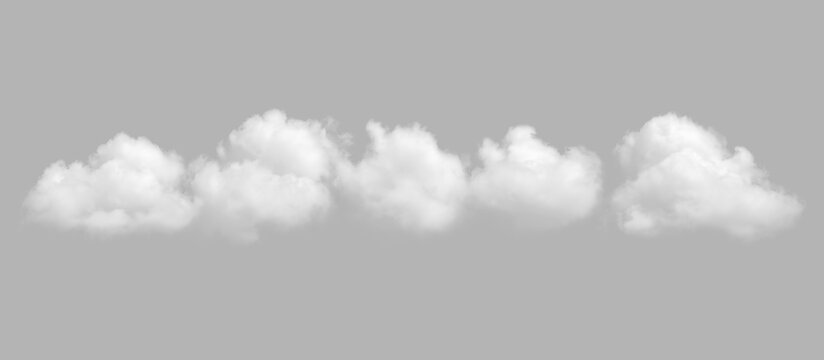 Abstract realistic white clouds on gray background, horizontal fluffy cumulus cloud set or smoke steam overlay