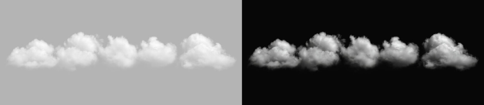 Abstract realistic white clouds on gray and black background, horizontal fluffy cumulus cloud set or smoke steam overlay