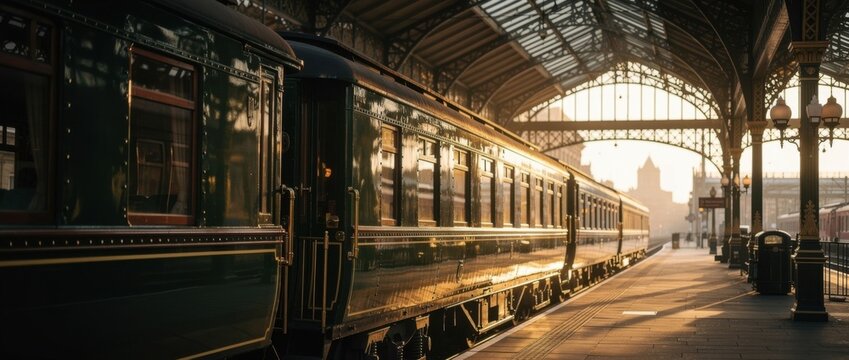 Vintage Train Station at Sunrise with Glowing Light on Classic Carriages and Architectural Details of Old Railway Terminal