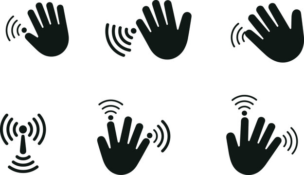 Wireless communication hand gesture icons set with radio frequency and wifi signal waves silhouettes