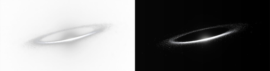 Abstract silver neon ring in perspective on white and black background, realistic glowing white cosmic planet orbit portal overlay © Maxim
