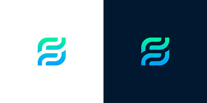 Abstract S shape logo symbol, smooth flowing curves in gradient colors on white and dark backgrounds