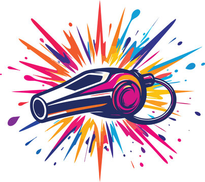 sports whistle icon with dynamic, colorful sound waves exploding out representing referee signal game start coach instruction athletic energy match whistleblowing loud volume vibrant motion concept