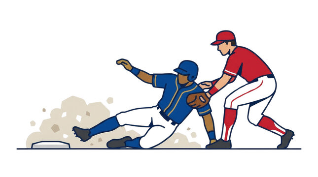 Baseball Player Sliding Into Base While Defender Tags Him Out Action Vector Illustration