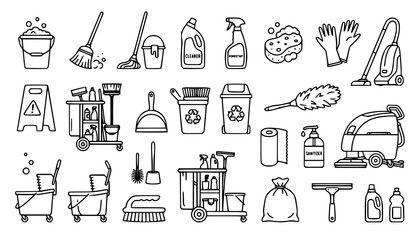 Cleaning and Housekeeping Line Art Vector Icon Set for Sanitation Branding © Md