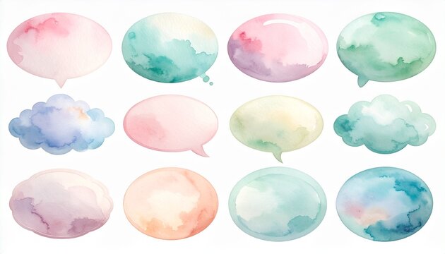 Set of soft watercolor speech bubbles and cloud callouts in pastel colors on white background
