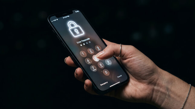 a hand opening/entering a password on a modern mobile phone screen with a minimalist background 