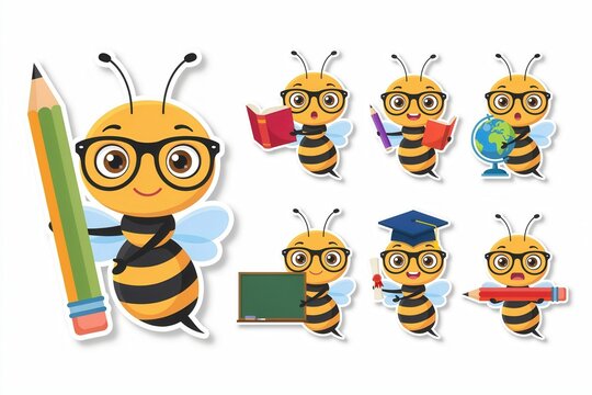 Cute bee character set for school and education