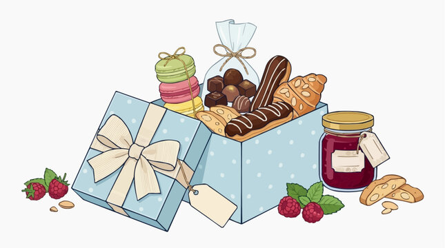 Assortment of French Pastries and Chocolates in a Gift Box with Jam and Raspberries Isolated on white background