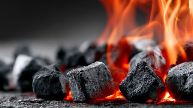 Coal for BBQ grill with blazing fire background, glowing charcoal embers creating intense heat for outdoor barbecue cooking, grilling, roasting and smoky food preparation