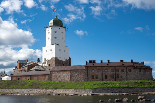 View on the ancient Vyborg Castle from the city embankment. Leningrad Region, Russia