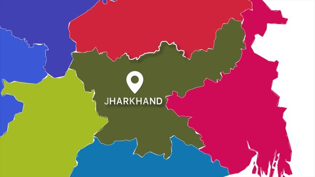 Jharkhand map animation, India state location marker, eastern Indian political map, geography border outline, administrative territory graphic, colorful state map motion design