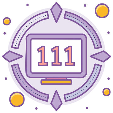 Computer screen with number 111 inside a purple geometric circular frame