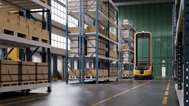 Automated modern warehouse logistics with smart autonomous mobile robots transporting freight pallets- 3D rendering