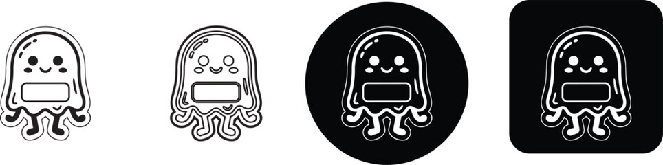 Friendly ghost jellyfish monster sticker icon set featuring silhouette and line art designs © Nusrat