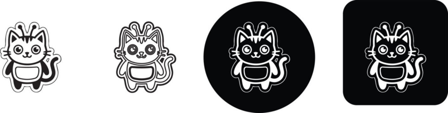 Cute alien cat monster character sticker icon set in different styles and shapes